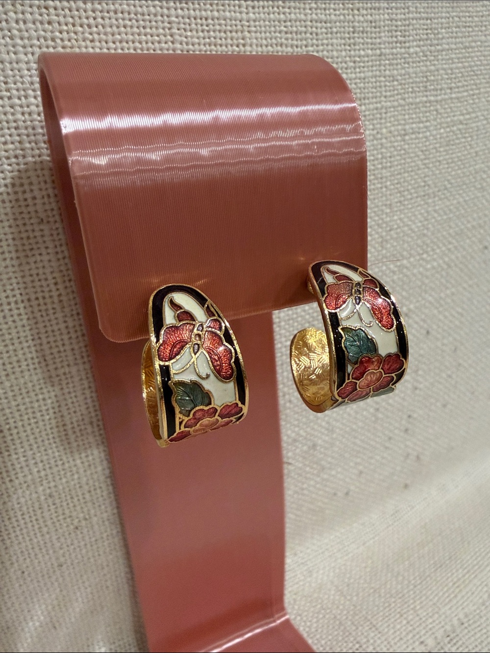 Vintage Cloisonné Enamel C-Hoop Earrings Gold Tone Floral Butterfly Pierced